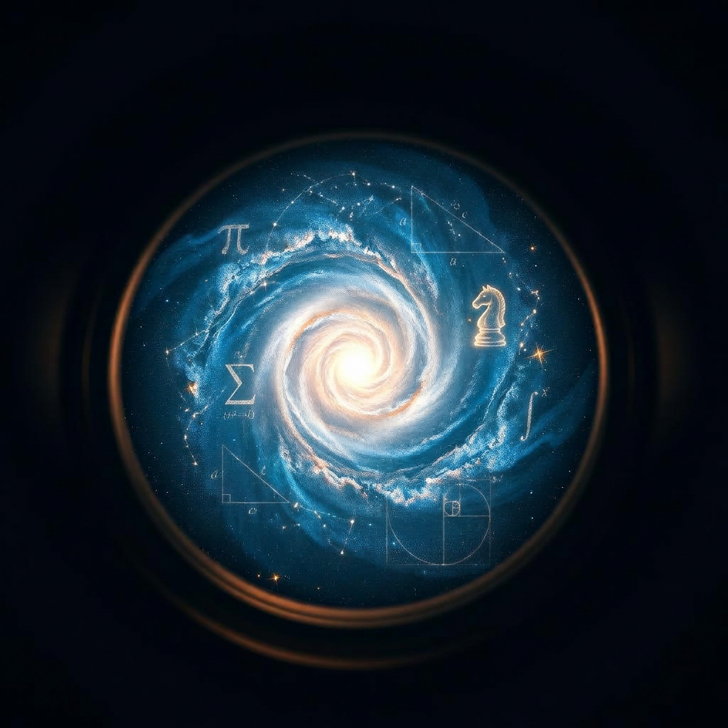View of a distant spiral galaxy through a telescope aperture